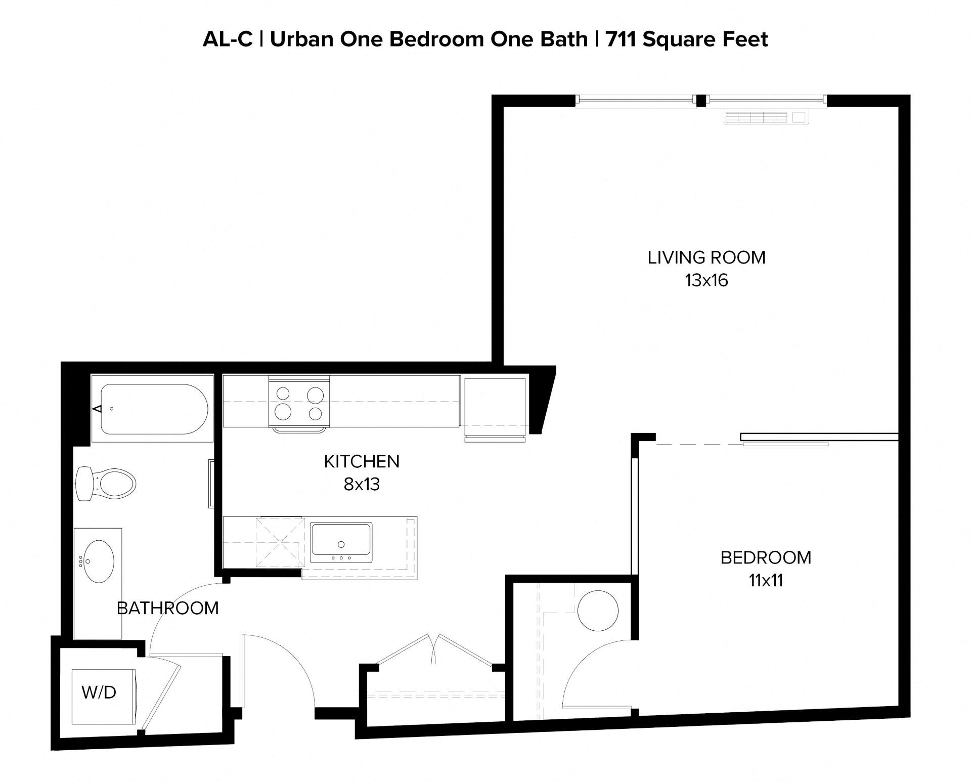 Floor plan for 1 bed, 1 bath, 711 sqft